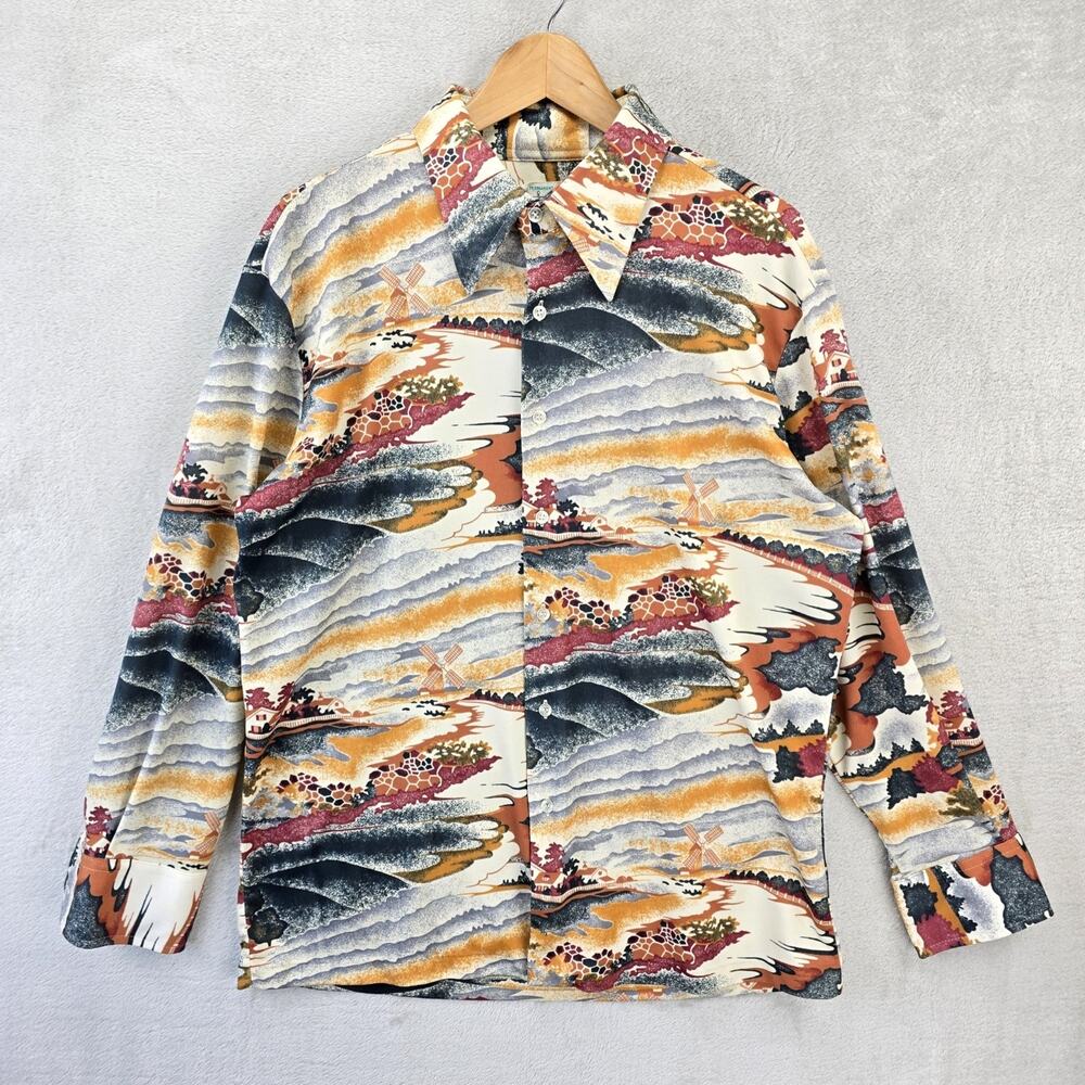 Vintage Kmart Permanent Press Shirt Mens XL Landscape Print 70s Polyester